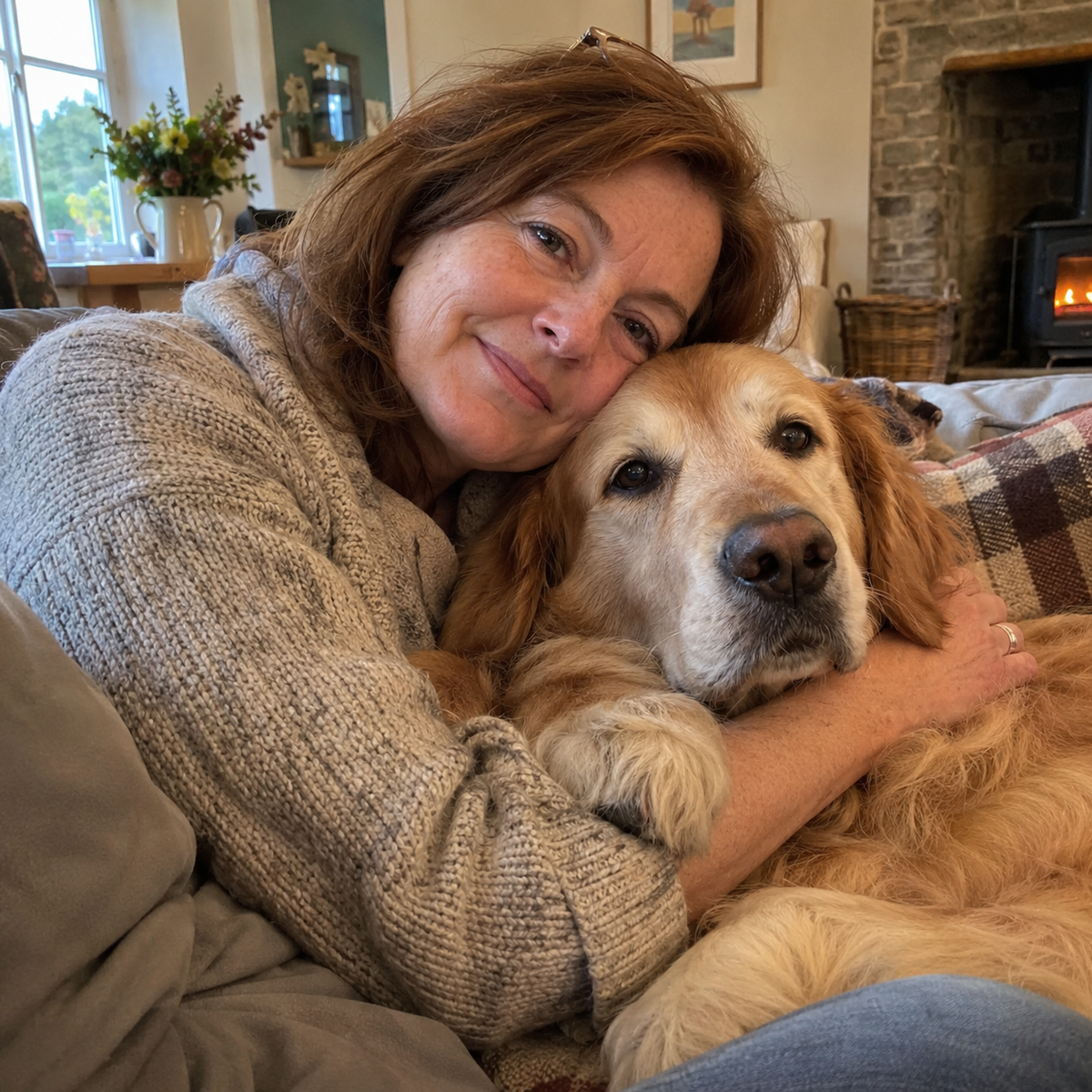 A woman and her dog, with handmade animal jewellery by Maeve, Aoife & Niamh