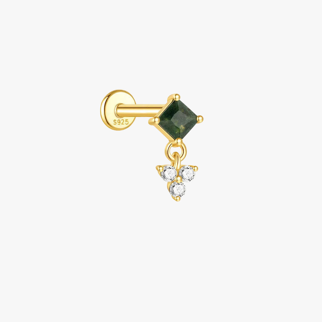 Gold Stud Earrings with Green Agate and Crystals