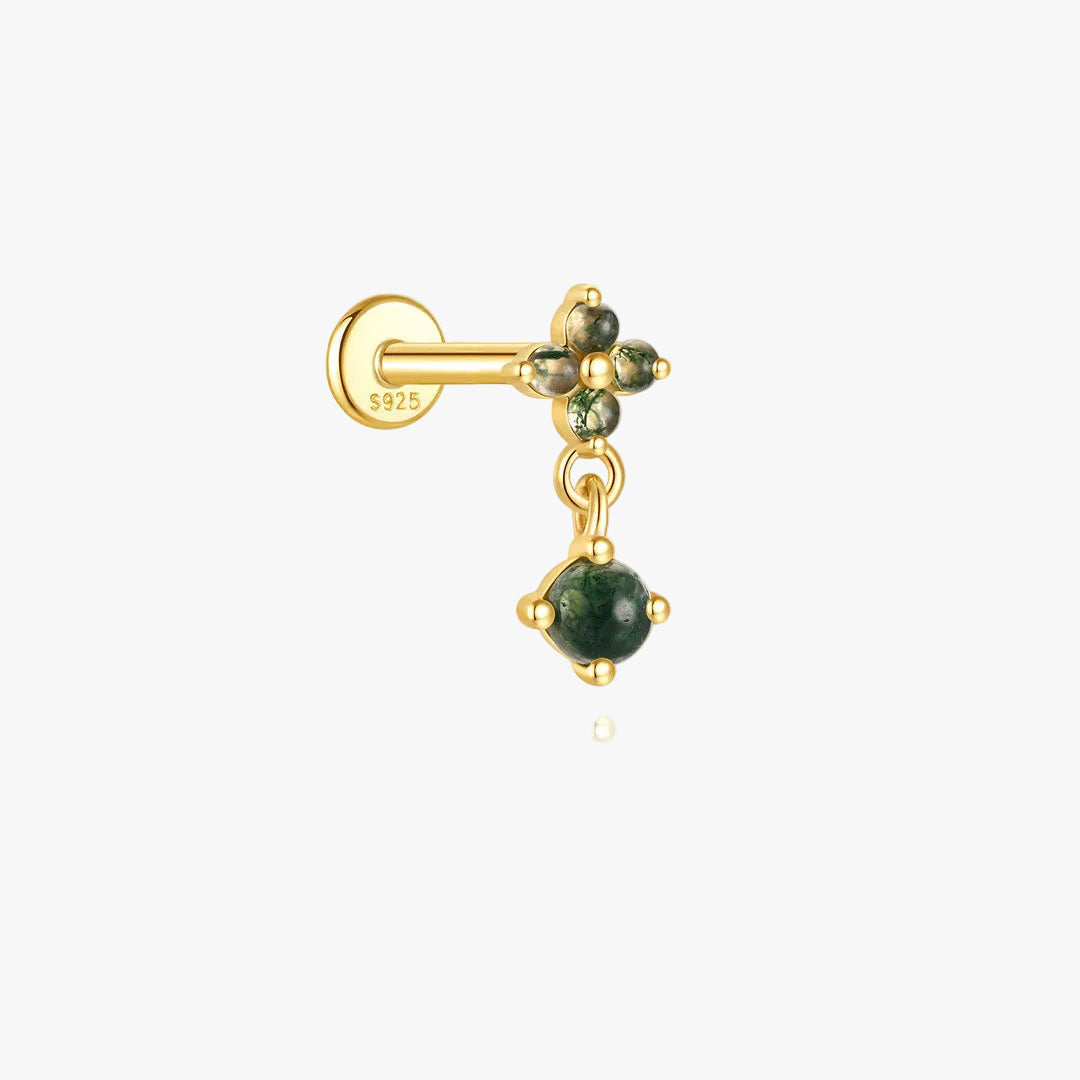 Gold Stud Earrings with Green Agate and Crystals