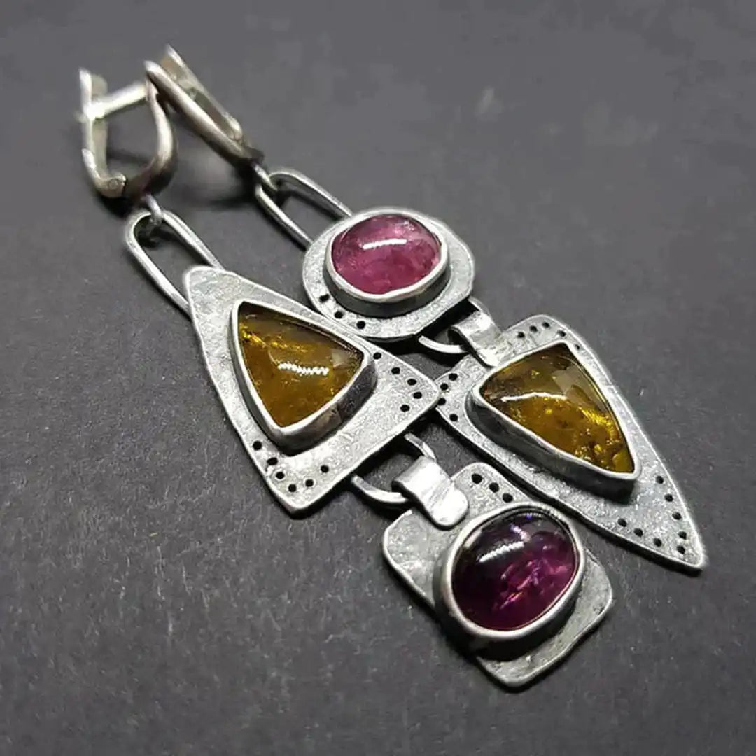 Silver Drop Earrings with Pink and Citrine Stones