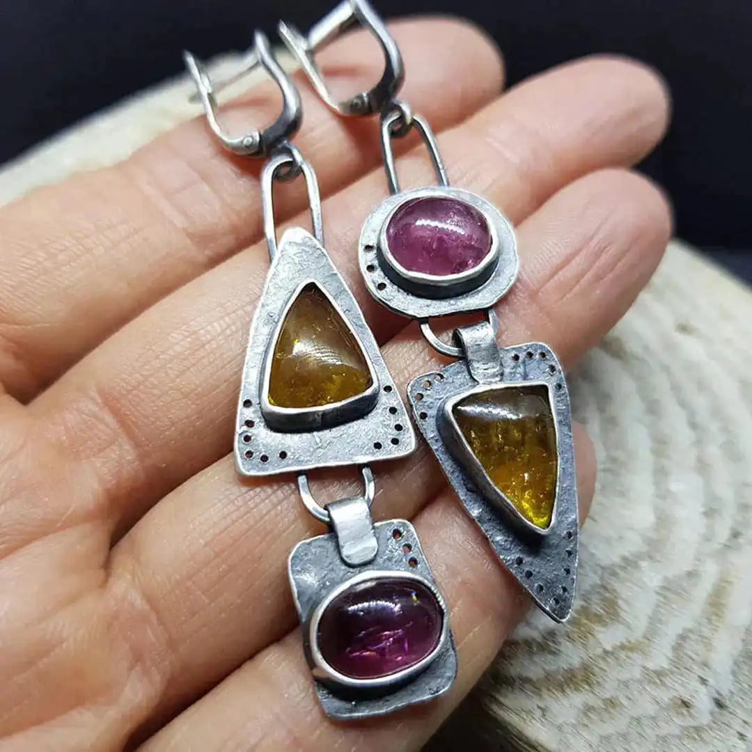 Silver Drop Earrings with Pink and Citrine Stones