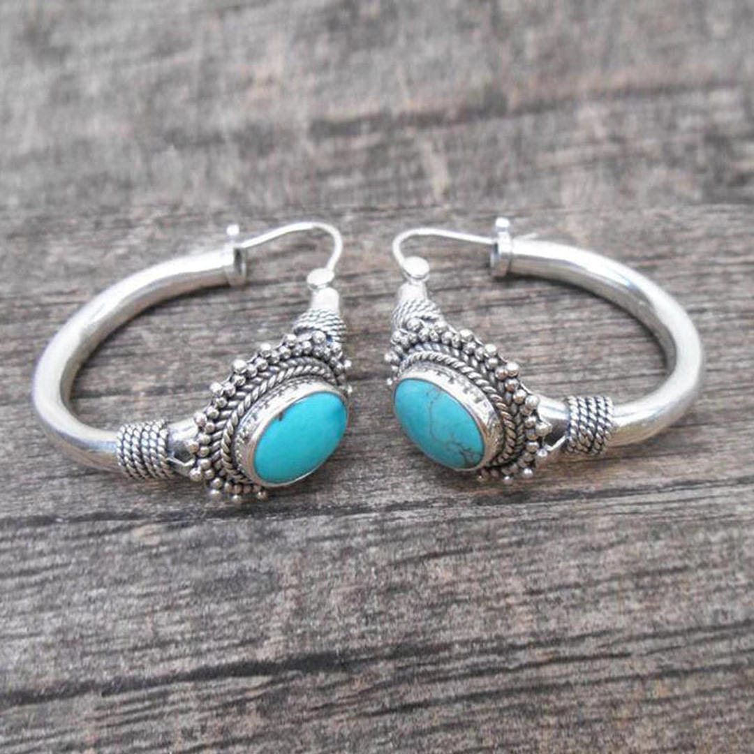 Silver Hoop Earrings Nuala with Turquoise