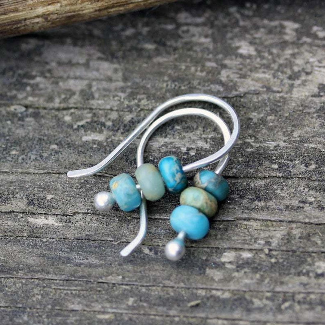 Silver Drop Earrings Dingle with Turquoise Beads