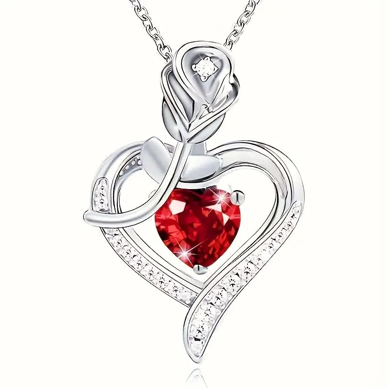 Silver Necklace Béibhinn with Ruby Heart and Rose