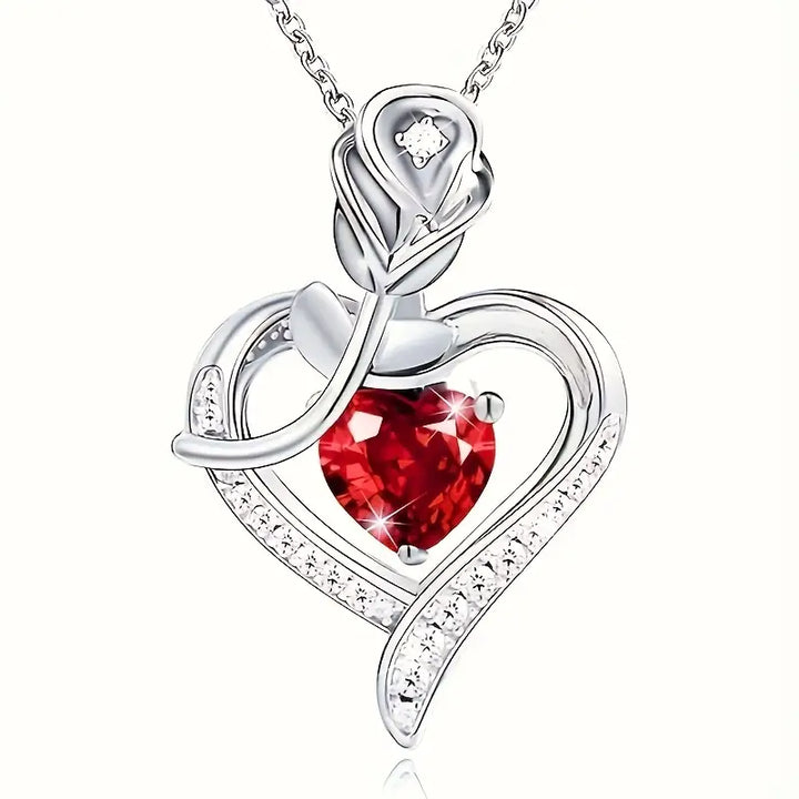 Silver Necklace Béibhinn with Ruby Heart and Rose