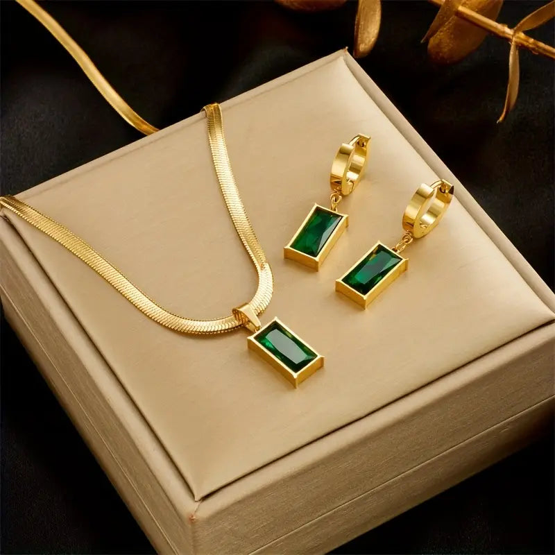 Gold Necklace Set Áine with Emerald
