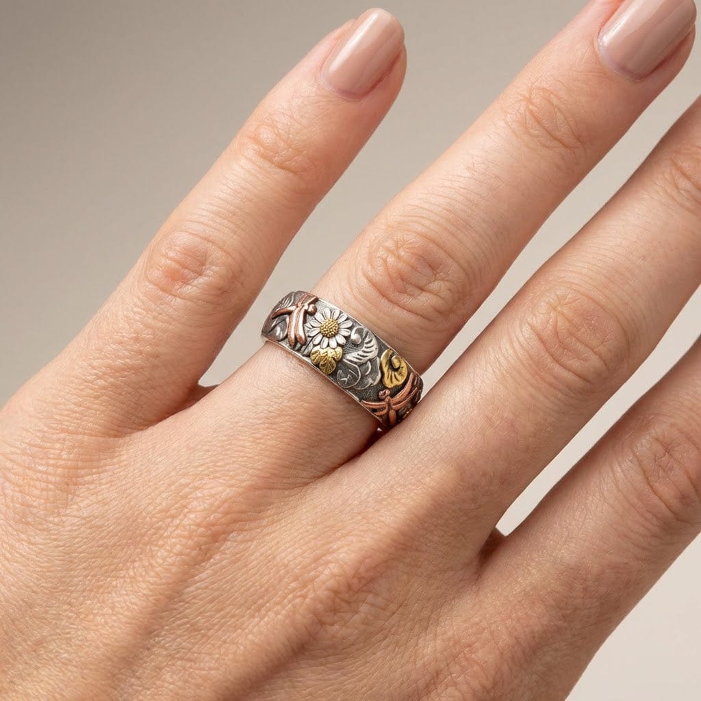 Silver &amp; Gold Ring Gráinne with Floral Motif
