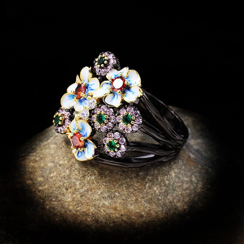 Black-Tone Enamel Ring Deirdre with Floral Motif