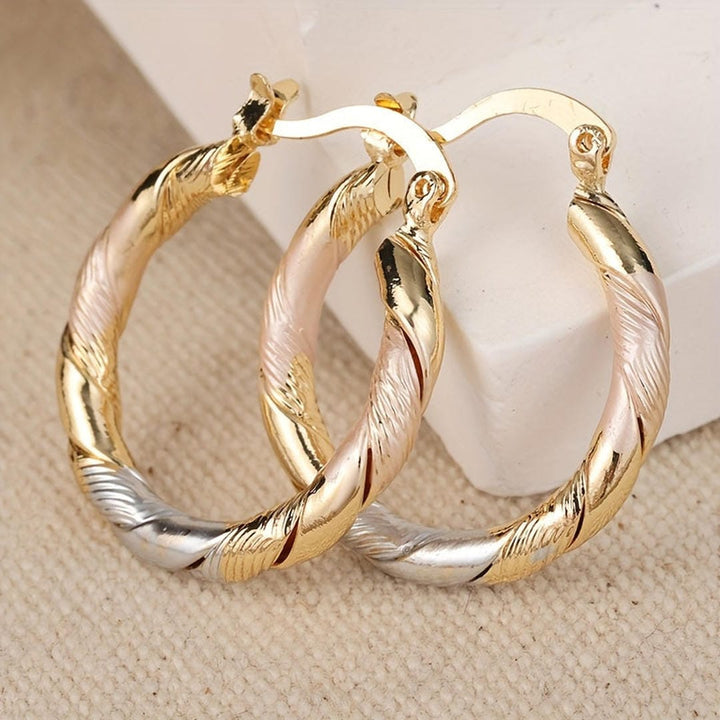Tri-Tone Gold, Silver &amp; Rose Gold Hoop Earrings with Twisted Design