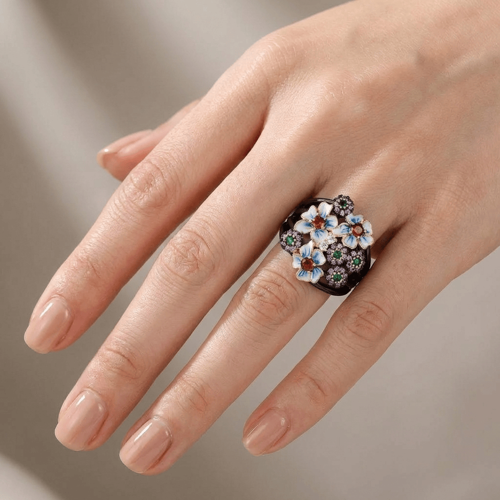 Black-Tone Enamel Ring Deirdre with Floral Motif