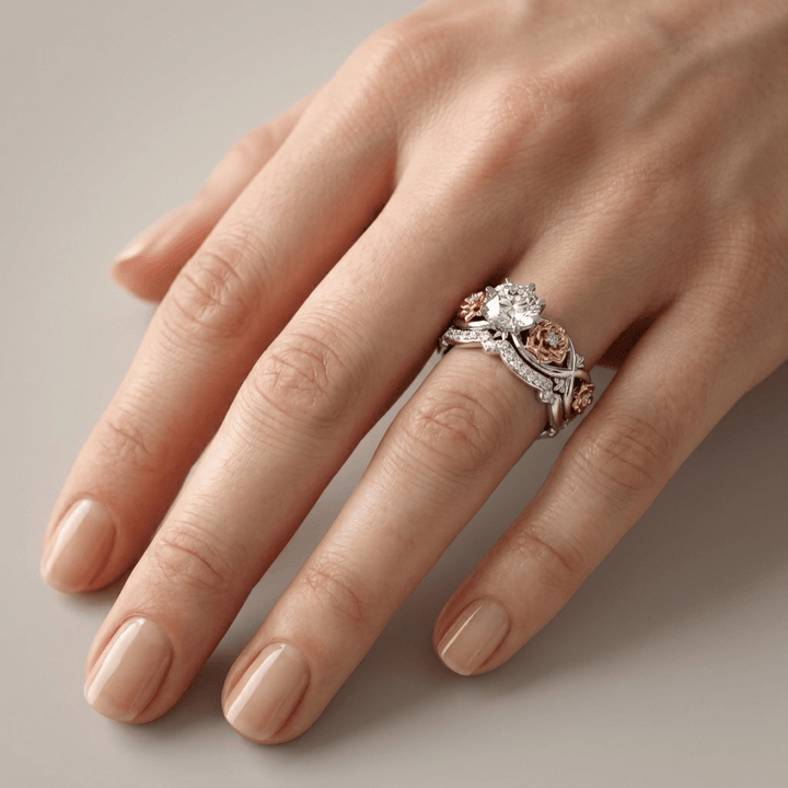 Silver &amp; Rose Gold Ring with Crystal &amp; Floral Motif
