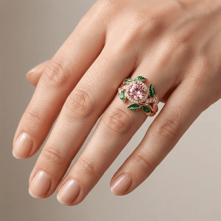 Gold Ring Róisín with Pink Gemstone and Green Leaves