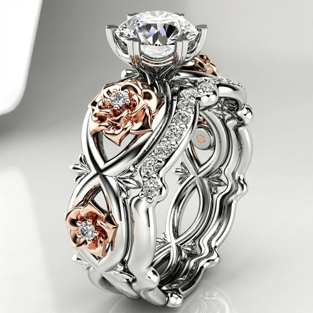 Silver &amp; Rose Gold Ring with Crystal &amp; Floral Motif