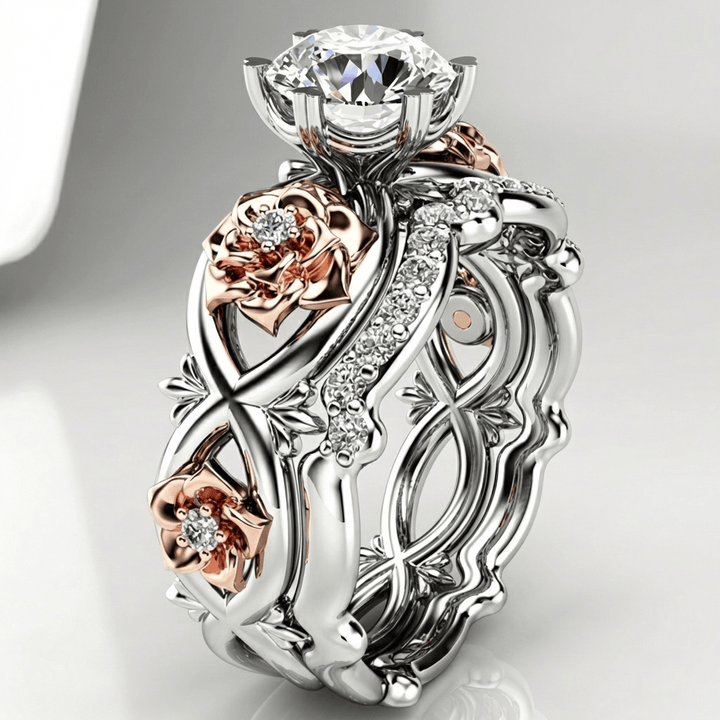 Silver &amp; Rose Gold Ring with Crystal &amp; Floral Motif