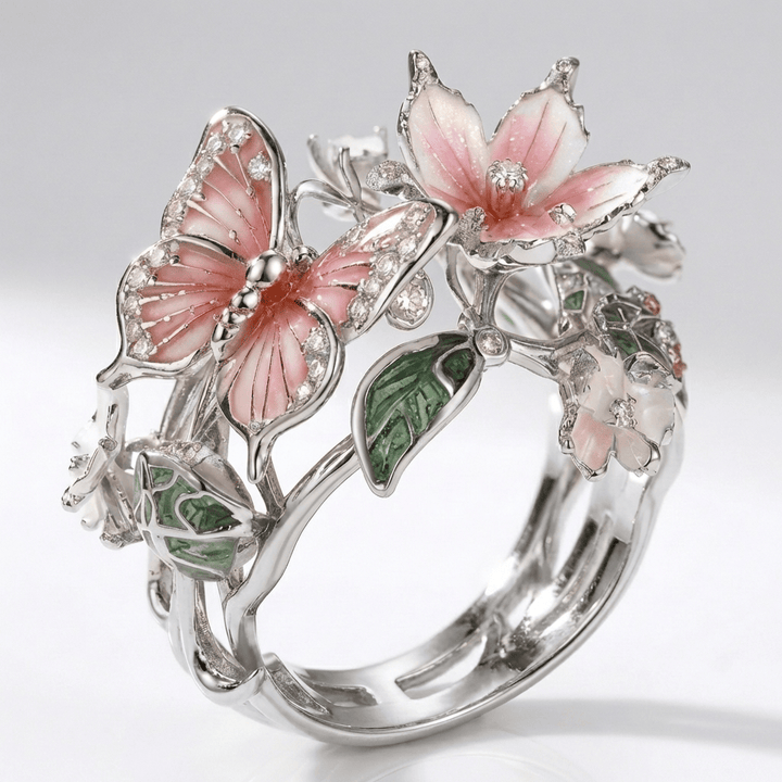Silver Adjustable Ring with Butterfly &amp; Floral Motif