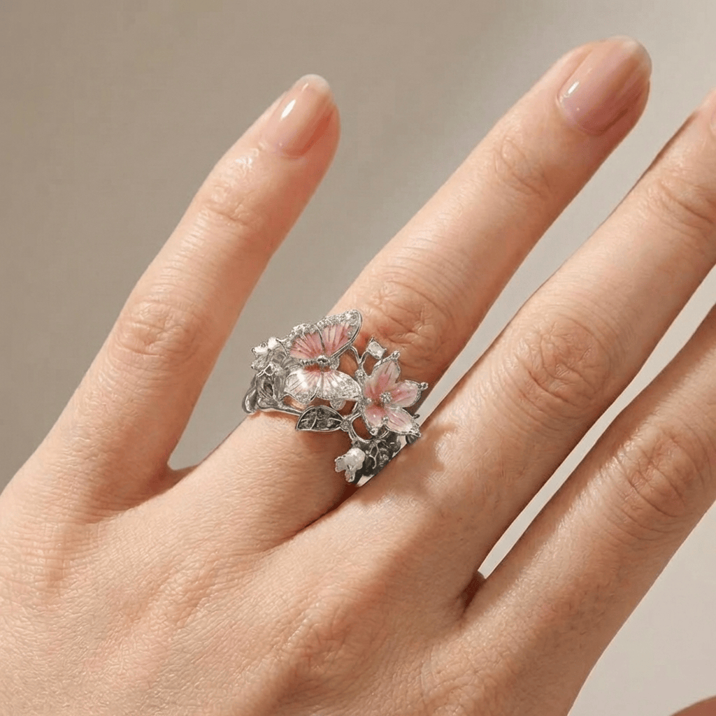 Silver Adjustable Ring with Butterfly &amp; Floral Motif