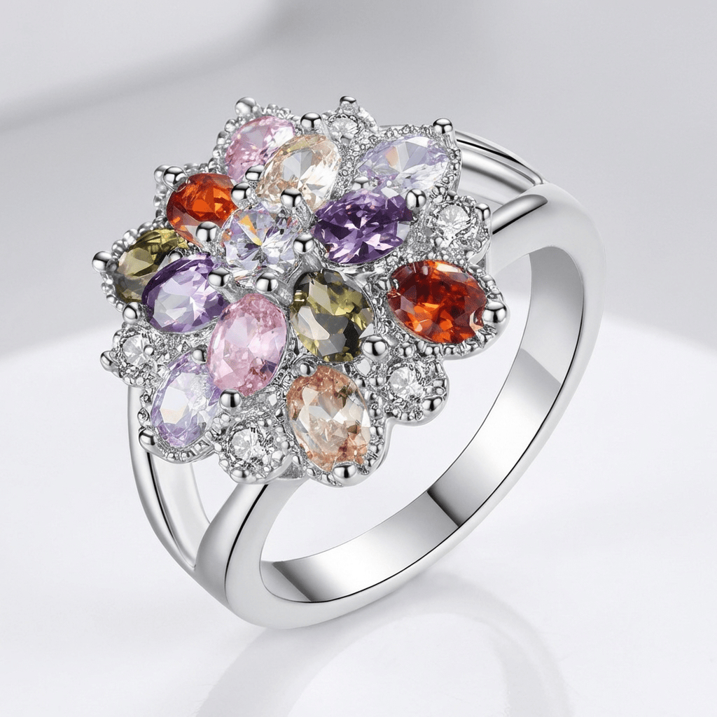 Silver Ring Eithne with Multicoloured Flower Stones