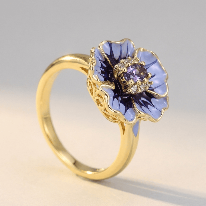Gold Ring Aisling with Amethyst &amp; Blue Floral Motif