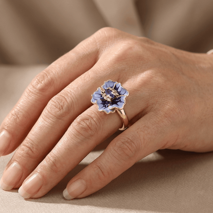 Gold Ring Aisling with Amethyst &amp; Blue Floral Motif