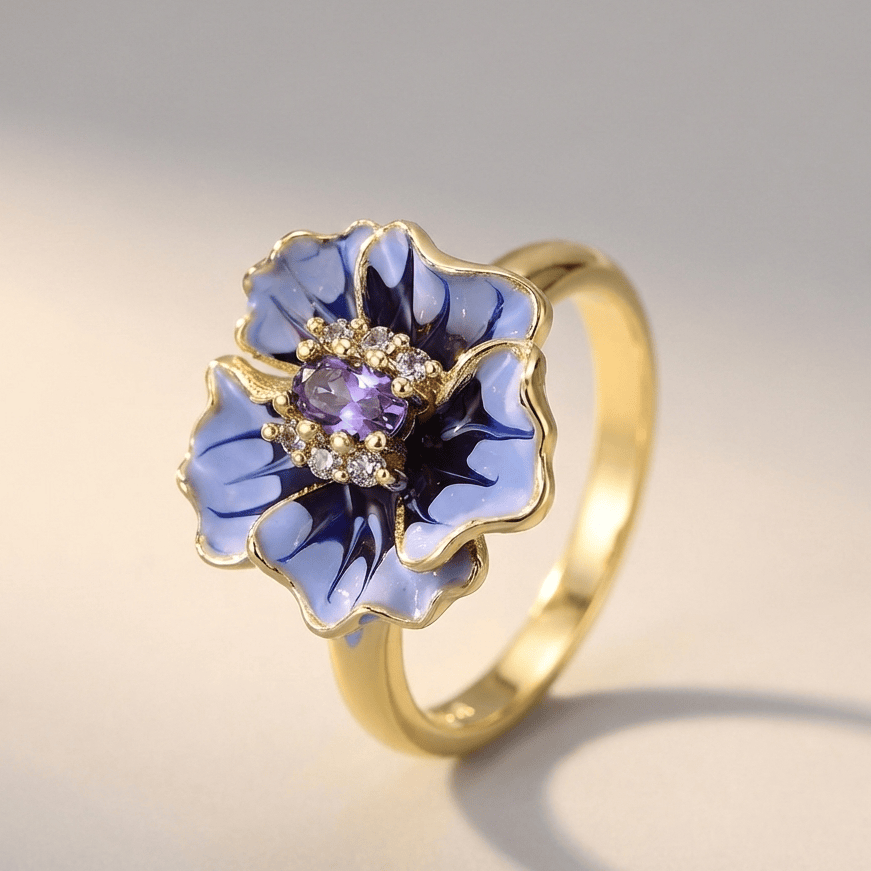 Gold Ring Aisling with Amethyst &amp; Blue Floral Motif