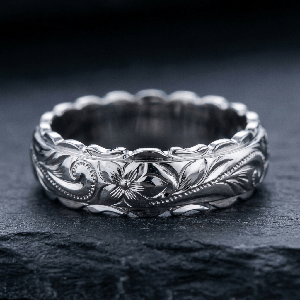 Rose Gold Band Ring Fiadh with Floral Engraving