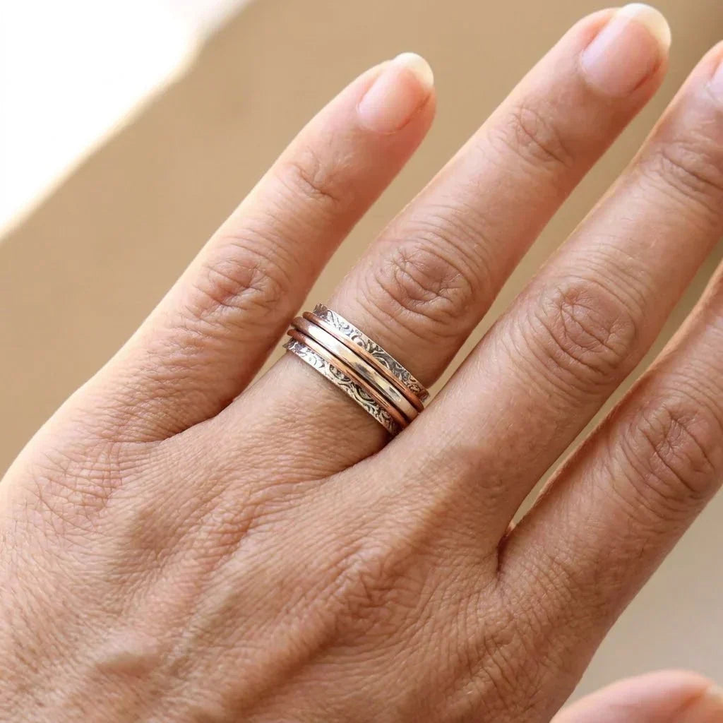 Silver &amp; Rose Gold Spinner Ring Niamh with Scrollwork