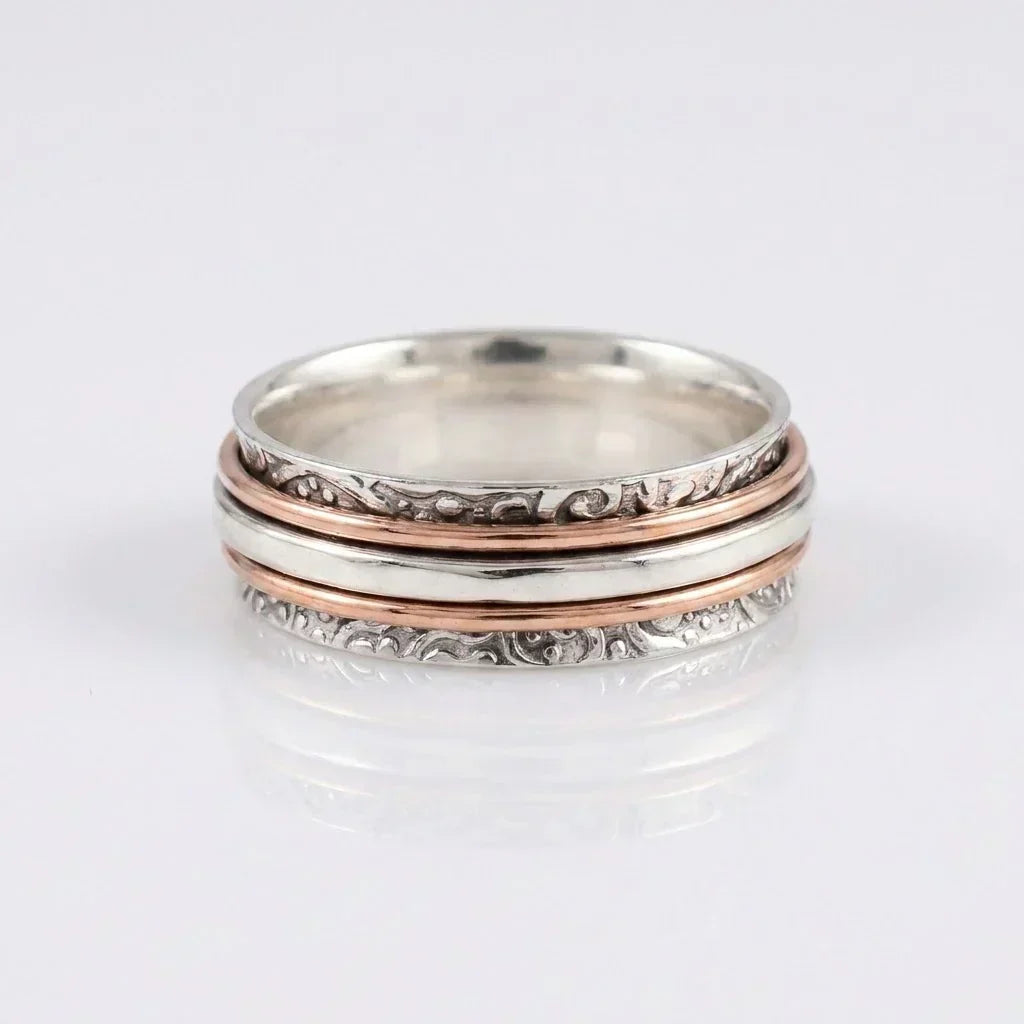 Silver &amp; Rose Gold Spinner Ring Niamh with Scrollwork