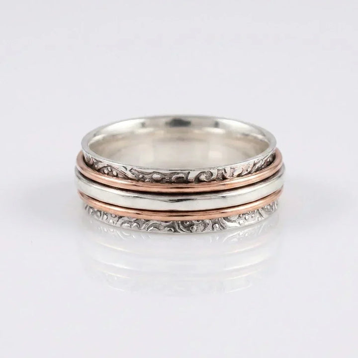 Silver &amp; Rose Gold Spinner Ring Niamh with Scrollwork