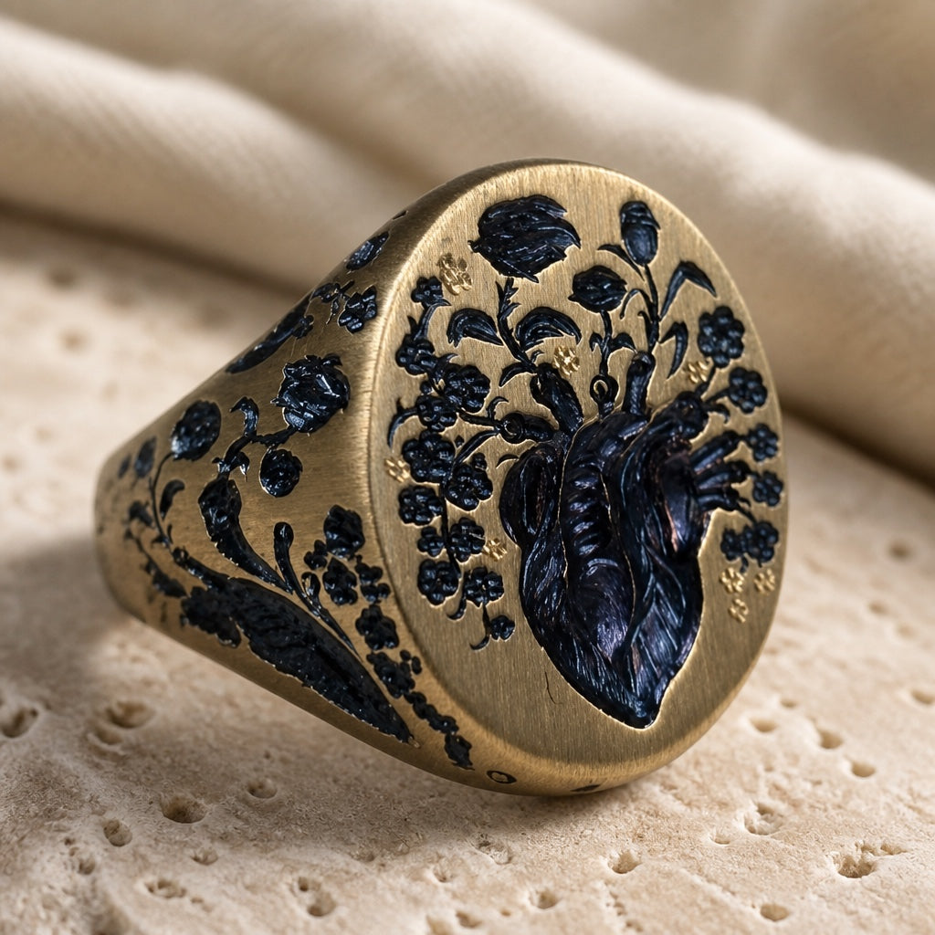 Gold Signet Ring with Anatomical Heart &amp; Floral Motif