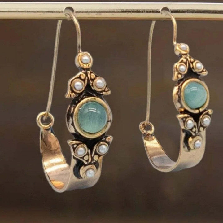 Gold Drop Earrings with Green Cabochon and Pearls