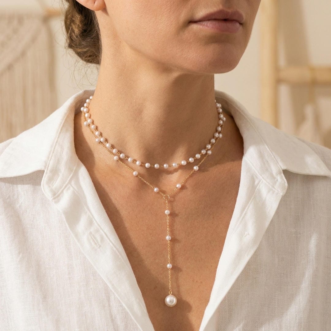 Gold Beaded Necklace Aoife with Pearl Lariat Drop