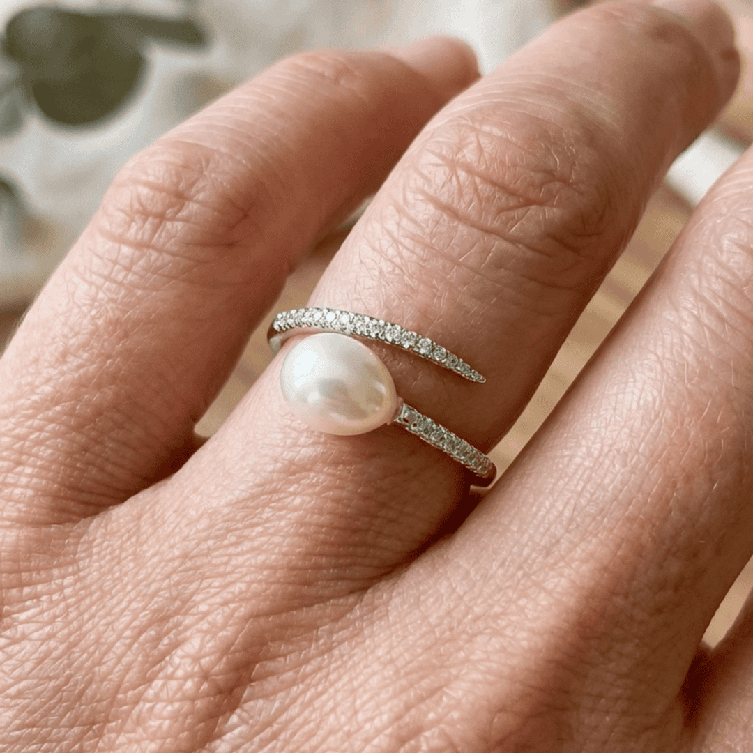 Silver Open Ring Darina with Pearl and Pavé Band