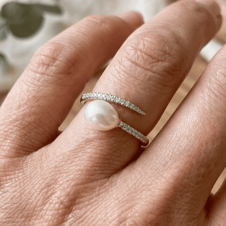 Silver Open Ring Darina with Pearl and Pavé Band