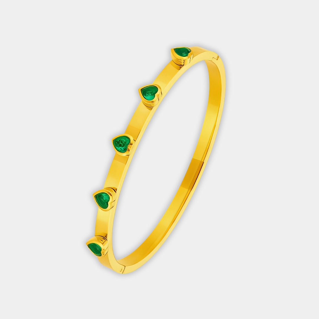 Gold Bangle Bracelet Fiadh with Emerald Hearts