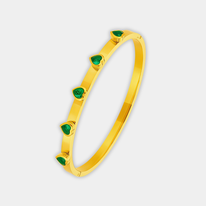Gold Bangle Bracelet Fiadh with Emerald Hearts