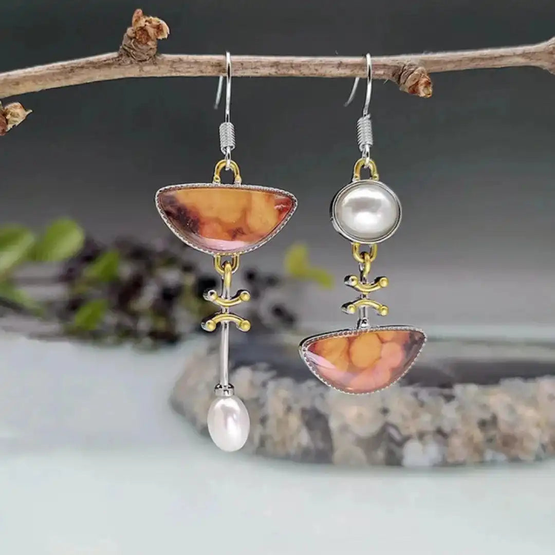 Gold &amp; Silver Drop Earrings with Amber Stones and Pearl