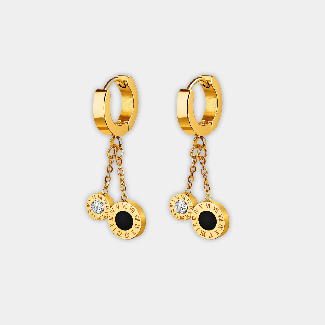 Gold Drop Earrings Aoife with Roman Numerals &amp; Zirconia