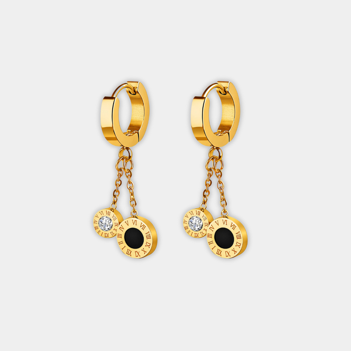 Gold Drop Earrings Aoife with Roman Numerals &amp; Zirconia