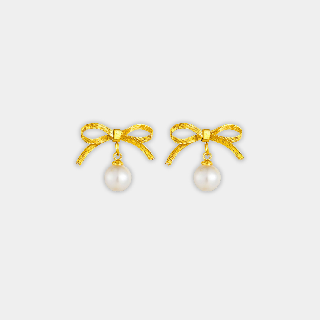 Gold Drop Earrings Sorcha with Pearl and Bow