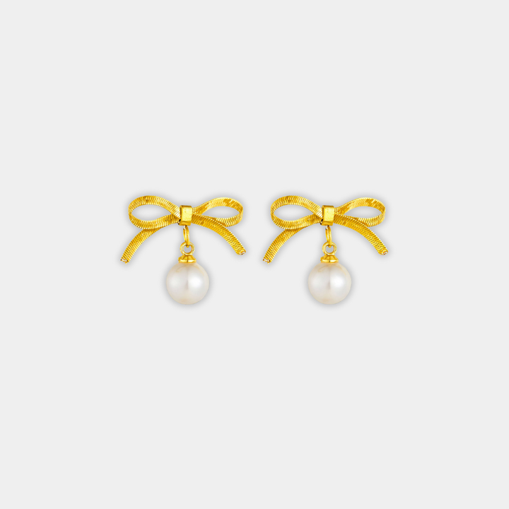 Gold Drop Earrings Sorcha with Pearl and Bow