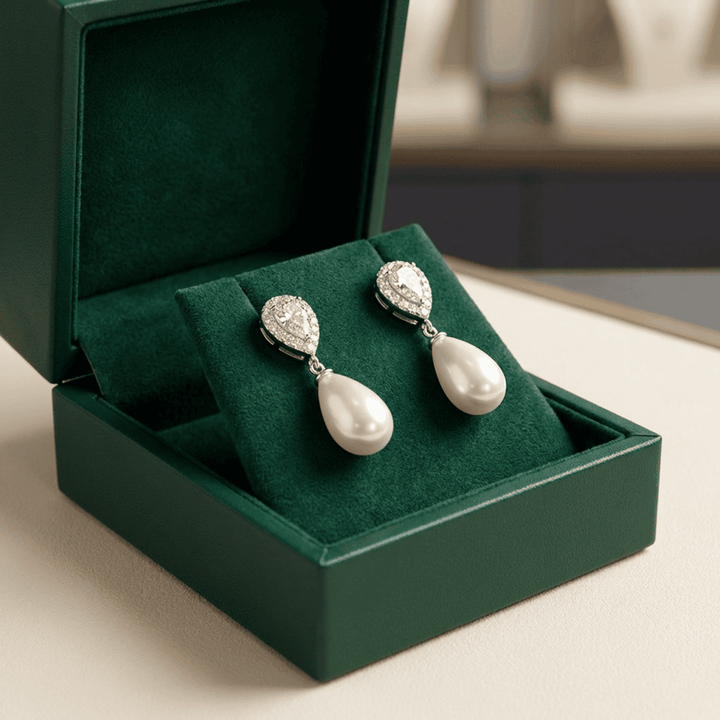 Silver Drop Earrings Saoirse with Pearl and Crystal