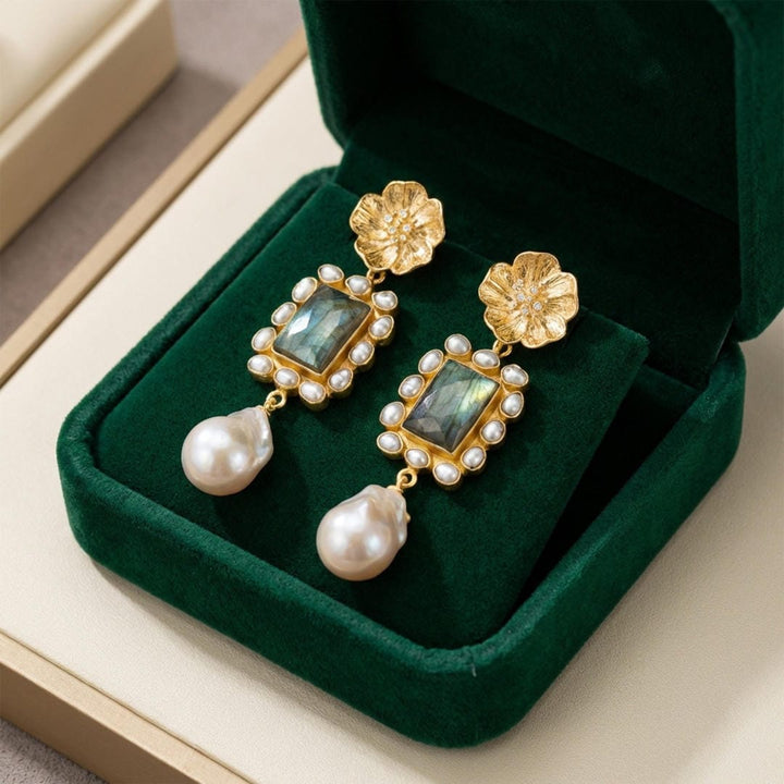 Gold Drop Earrings with Flower Motif and Labradorite