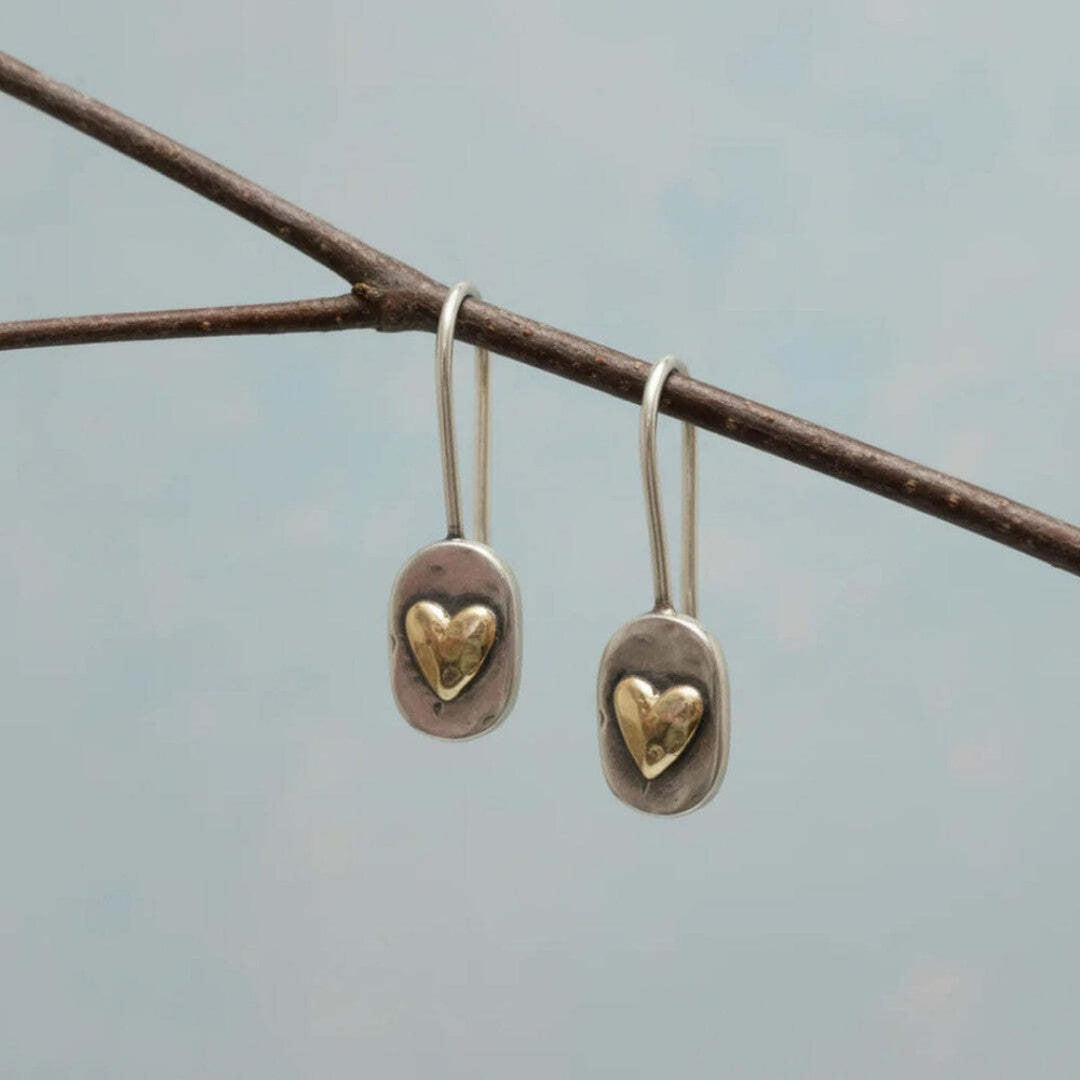 Gold &amp; Silver Drop Earrings Deirdre with Heart Motif