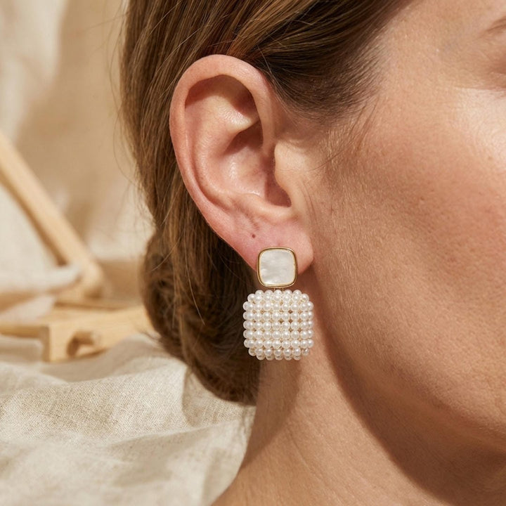 Gold Drop Earrings Muirne with Pearl Cluster