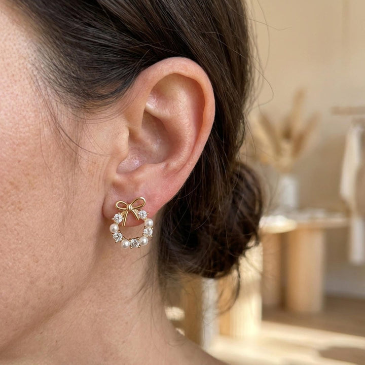 Gold Stud Earrings Eithne with Pearls, Zirconia and Bow