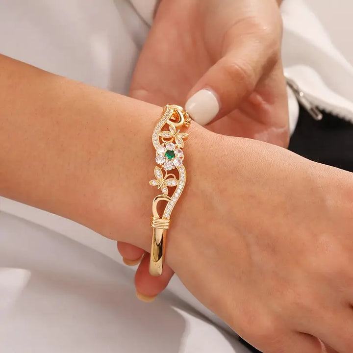 Gold Bangle Bracelet Gráinne with Emerald &amp; Zirconia