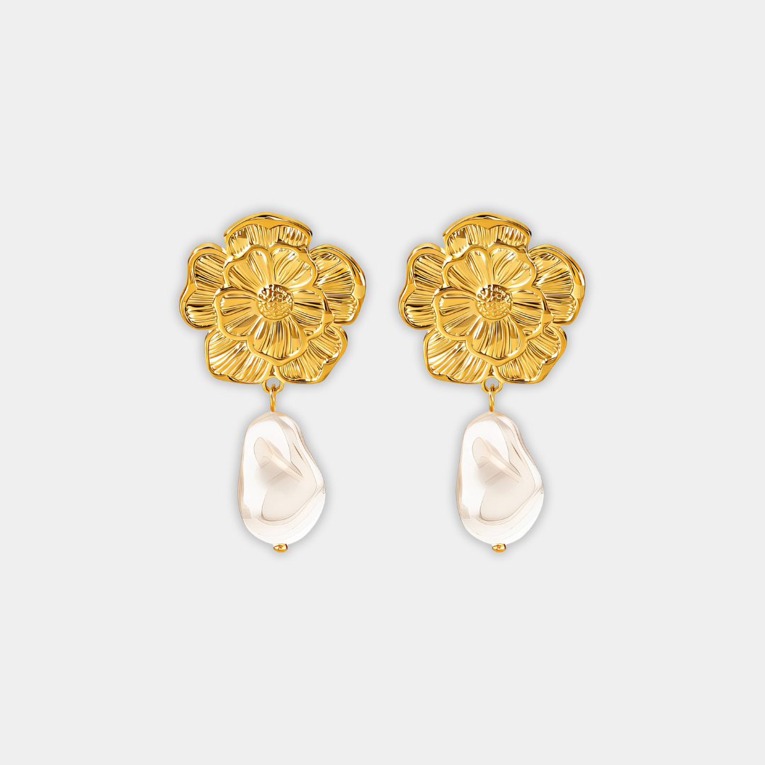 Gold Drop Earrings Eithne with Flower and Pearl