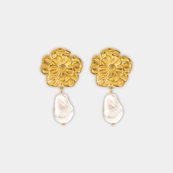 Gold Drop Earrings Eithne with Flower and Pearl