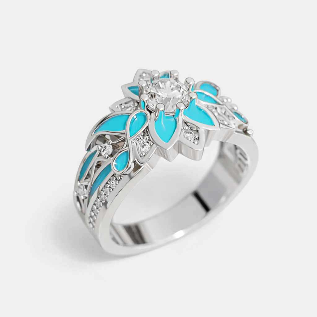Gold &amp; Silver Ring Dervla with Turquoise Floral Motif