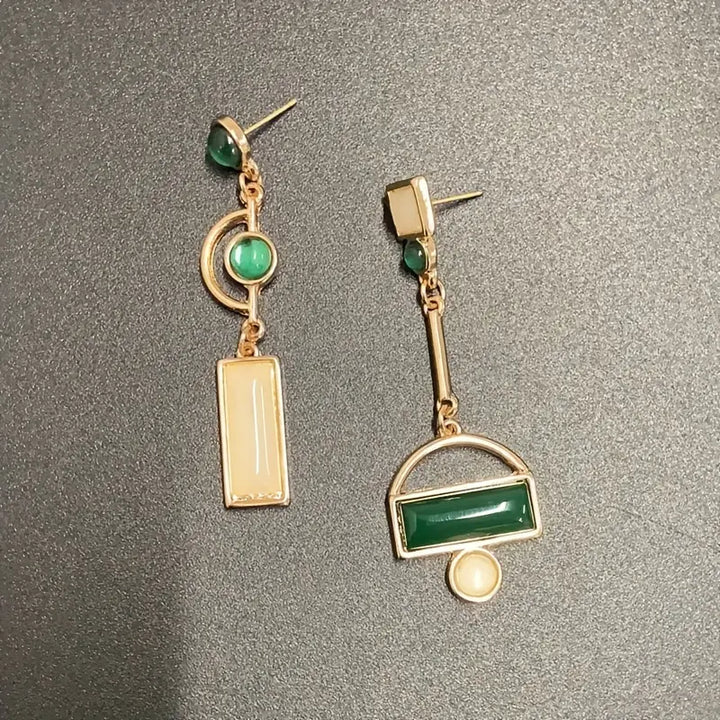 Gold Drop Earrings Bríd with Green Stones &amp; Pearl